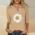 thumbnail image 2 of Charella Women's Daisy Floral Tops V Neck 3/4 Length Sleeve Flower Graphic Tee Casual Loose Fit Tshirts (L, Khaki 01), 2 of 4