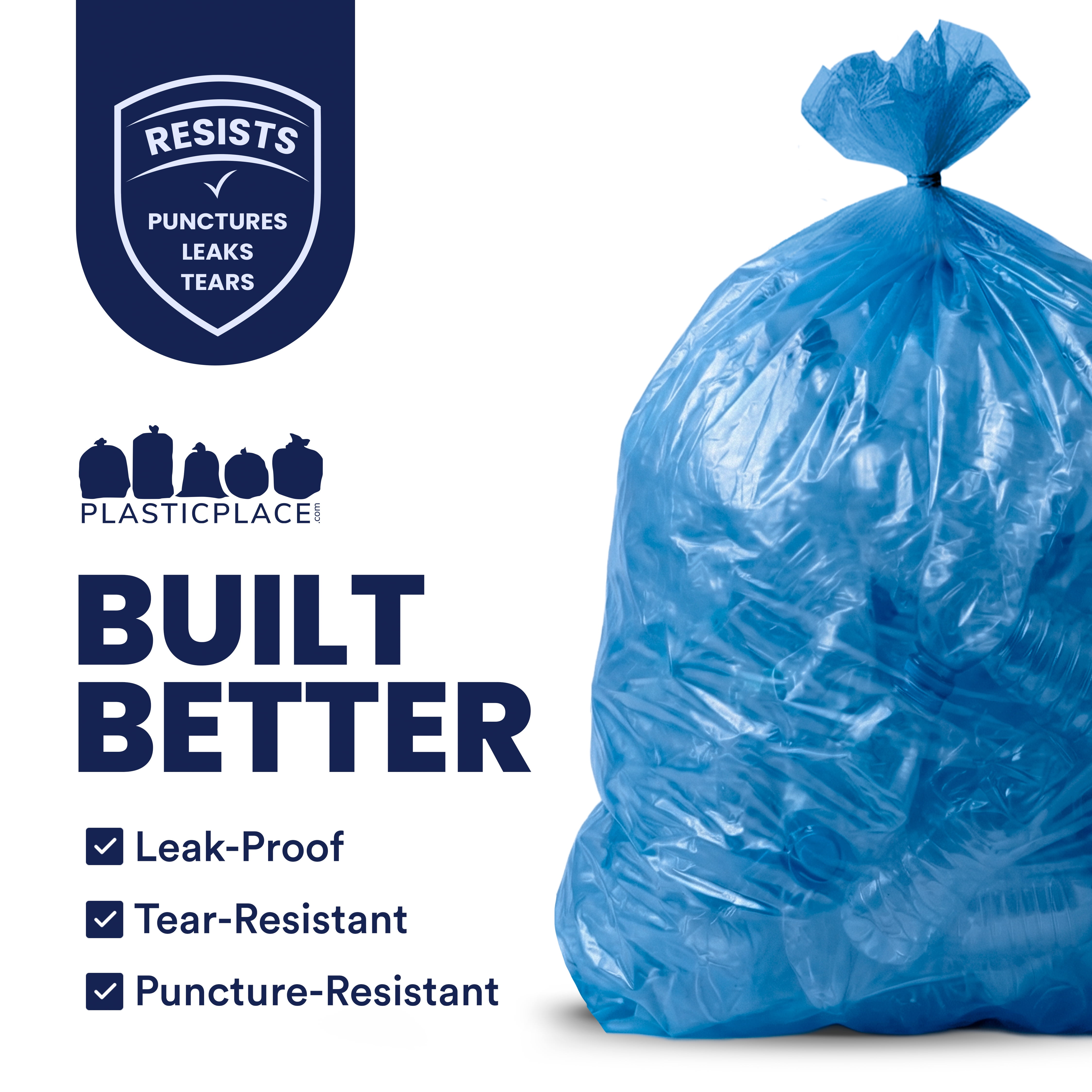 Plasticplace 55-60 Gallon Blue Recycling Trash Bags, 1.2 Mil, 38"x55" Garbage Can Liners, 100 Count