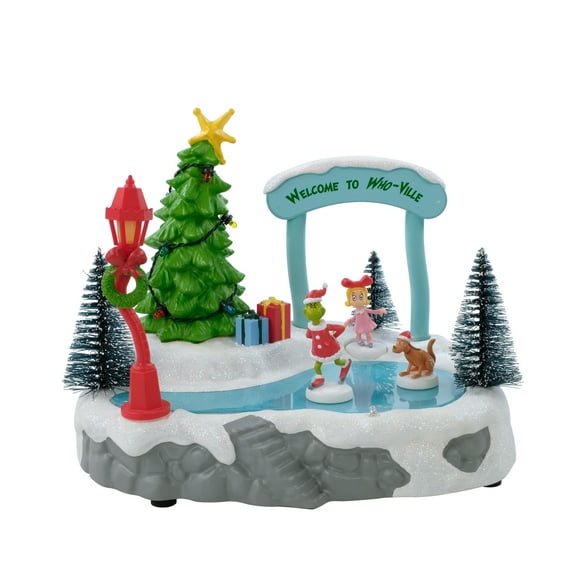 Dr. Seuss' The Grinch, Animated Skating Rink with Lights and Music Christmas Village Building, by Ruz, Includes Grinch, Max and Cindy Lou Who