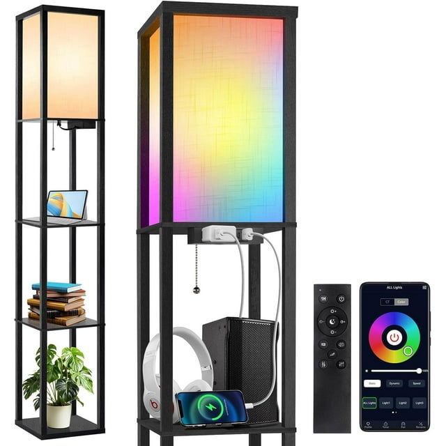 Floor Lamp with Shelves LED Modern Shelf Floor Lamp with USB Ports Power Outlet Color Temperature Storage Display Wood Column Standing Tall Lamp for Living Room Bedroom Off