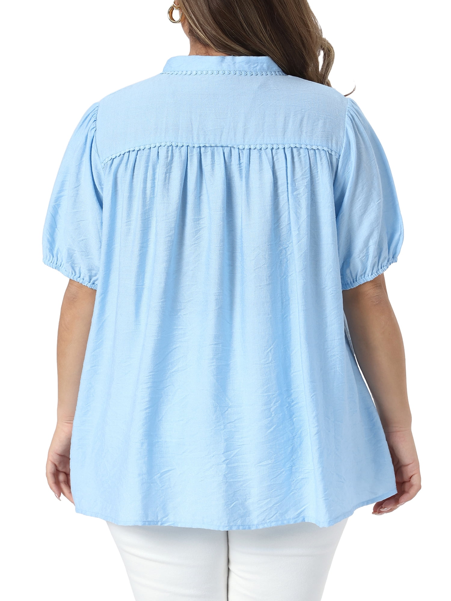 DARING DIVA Women's Plus Summer Button Down Puff Sleeve Blouses 3X Light Blue
