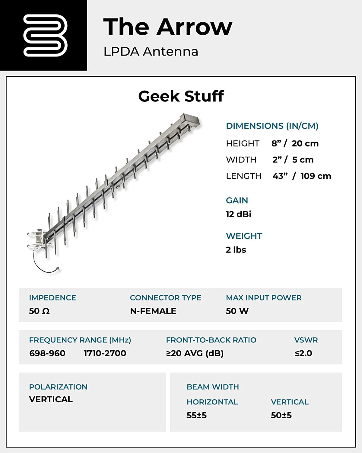 Bolton Technical Arrow Log Periodic LPDA Antenna – 698-2700 MHz – 4G LTE – Over 5 Miles – Weatherproof – Up to +12 dBi Gain