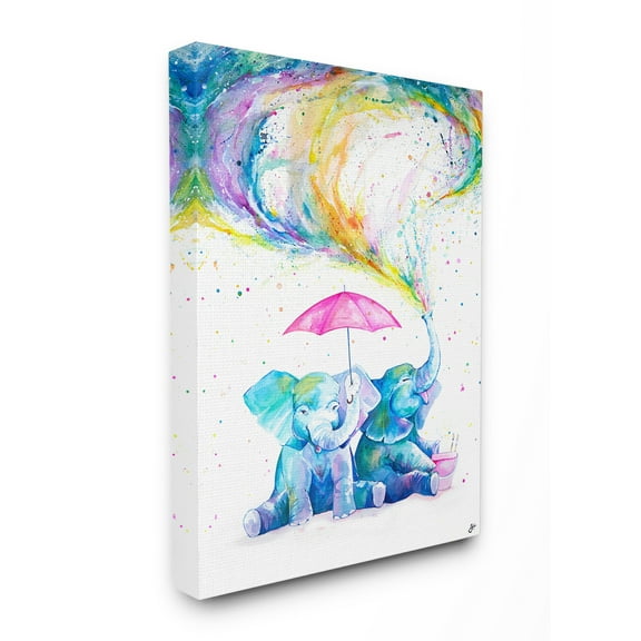 The Stupell Home Decor Rainbow Watercolor Spraying Elephants with Pink Umbrella Canvas Wall Art