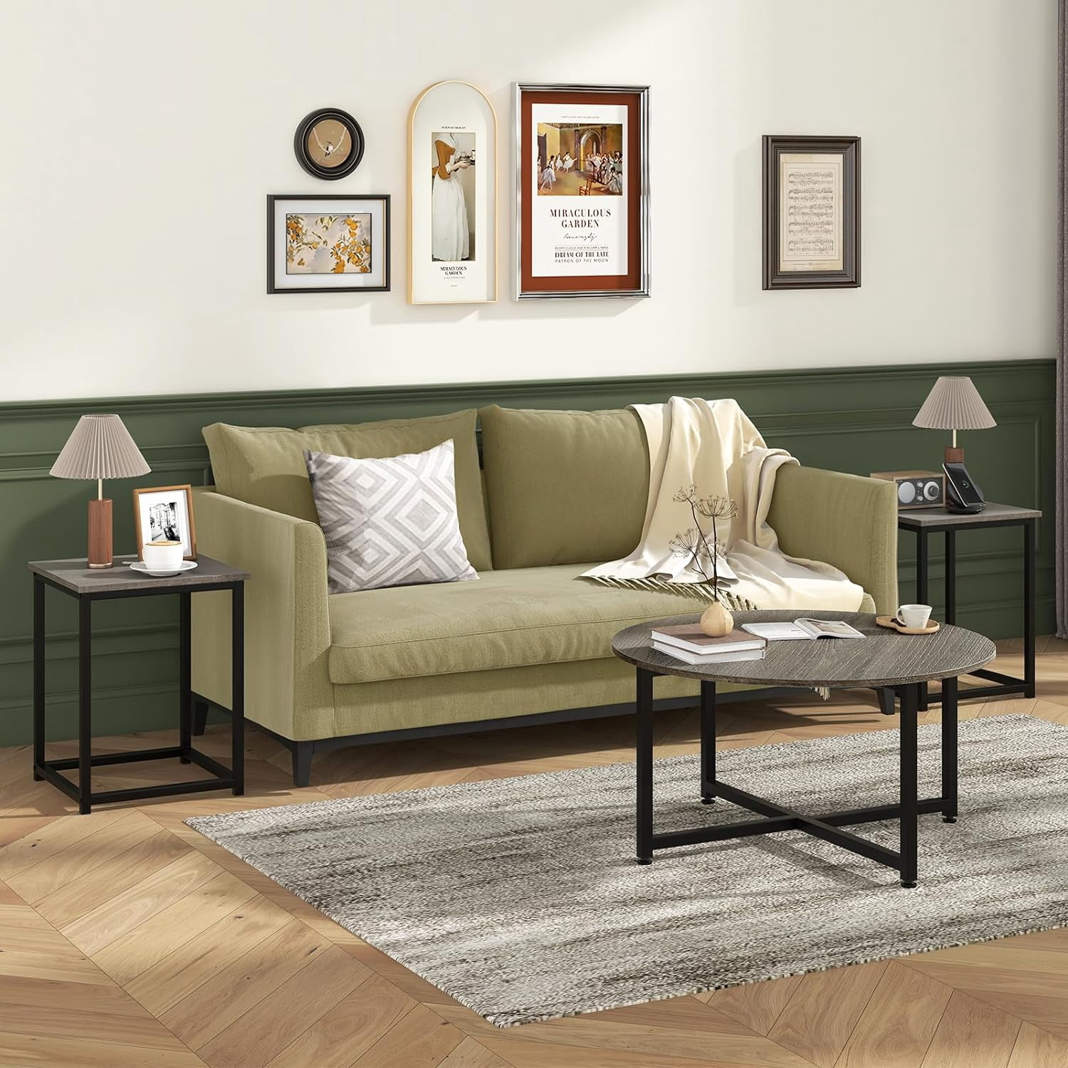 Round Nesting Table Set of 3, Farmhouse Coffee Table w/2 End Tables, Sturdy Metal Frame, 3-Piece Wooden Living Room Table Set for Home Office, Apartment (Black Oak)