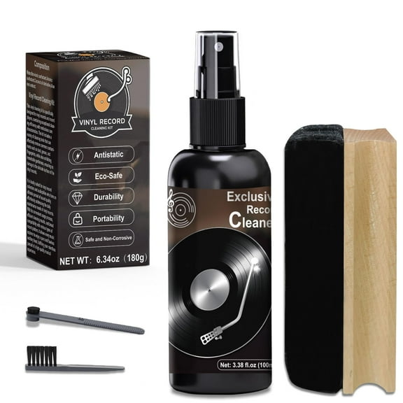 Vinyl Record Cleaner Kit - Complete 4-in-1 Vinyl Records Cleaning Kit-100ml Cleaning Liquid, Soft Velvet Record Brush, Straight Handle & Round Head Stylus Brush