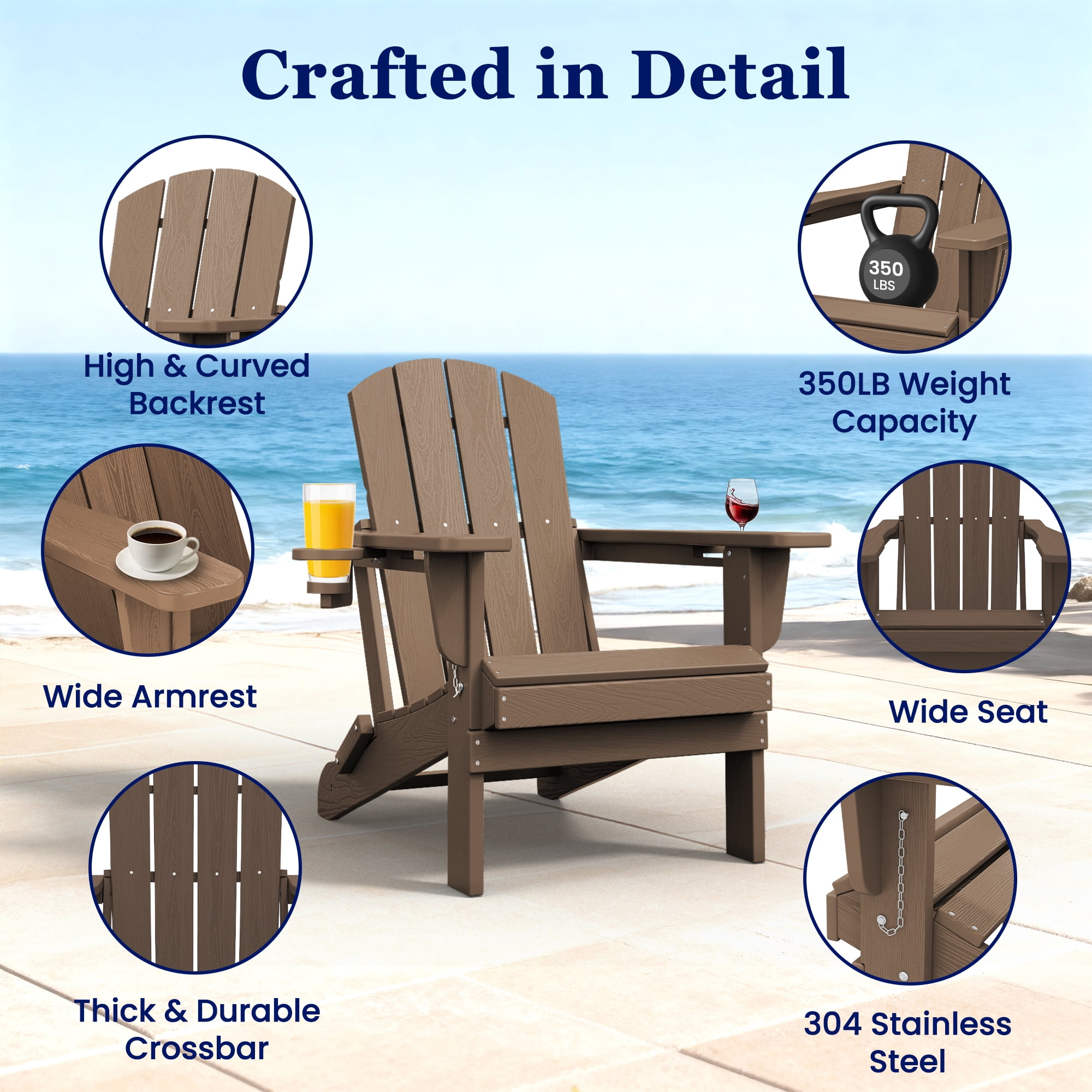 SERWALL Folding Adirondack Chair Set of 4 with Dual Cup Holders & Phone Holder, All-Weather HDPE Fire Pit Chairs for Outdoor, Patio, Poolside, Garden - Brown