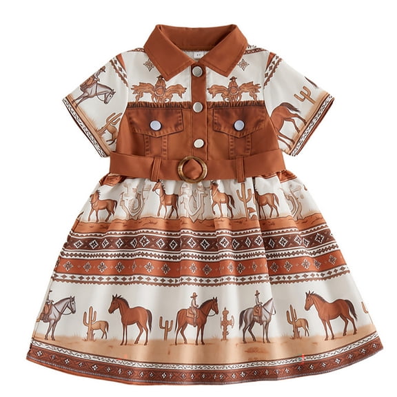 Little Girls' Dresses Western Cowboy Horse Print Short Sleeve Lapel Party Birthday Princess Outfit Size 6-7T