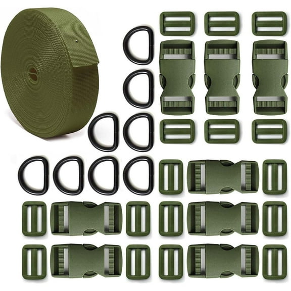 1 inch Buckle Strap Set with 10 Yards Nylon Webbing, 8 Pcs Metal D Rings, 8 Pcs Quick Side Release Plastic Buckles, 16 Pcs Tri-glide Slide Clip for DIY Backpack Replacement (Green)