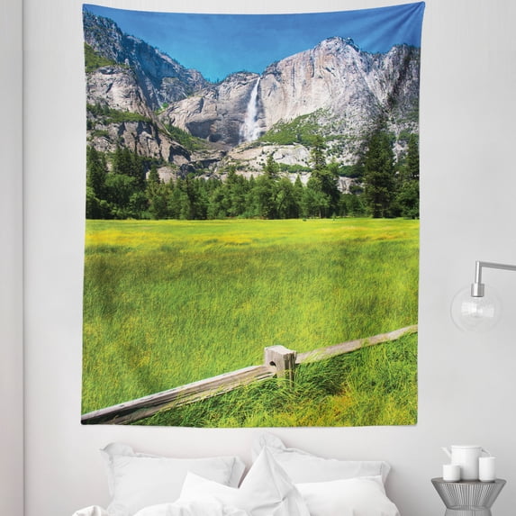 Nature Tapestry, Falls in Yosemite National Park California USA Countryside Landmark Picture, Fabric Wall Hanging Decor for Bedroom Living Room Dorm, 5 Sizes, Green Blue, by Ambesonne