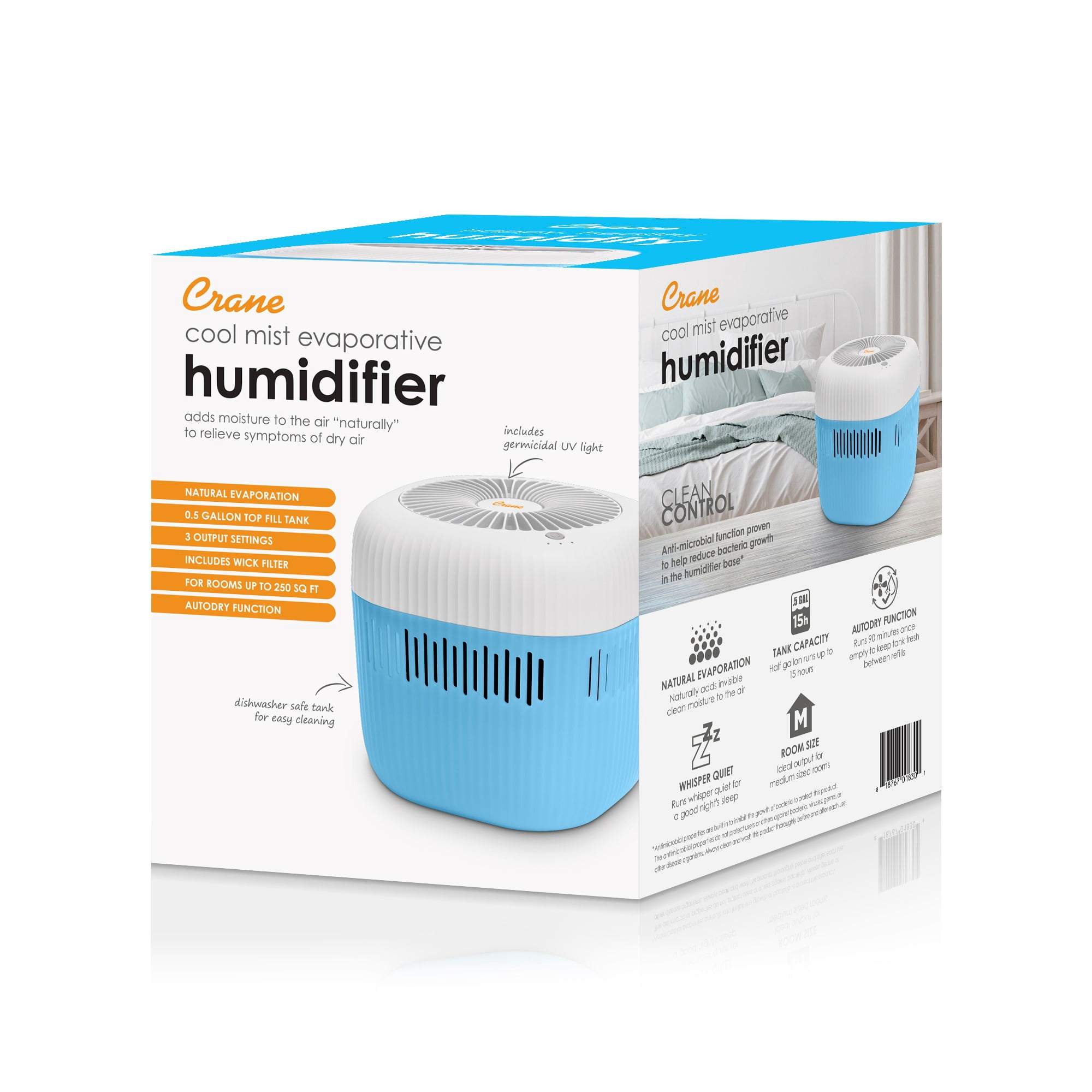 Crane Mist Free Evaporative Humidifier, 0.5 Gal Top Fill, Wick Filter, Quiet Easy Clean Air Humidifier for Bedroom, Baby Nursery & Home, Dishwasher Safe Tank, 3 Speeds, Blue/White