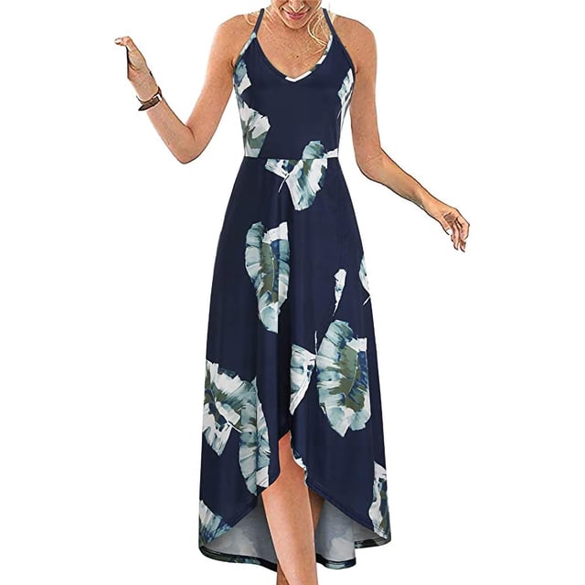 SMihono Robe Maxi Bohème d'Été pour Femmes Grande Taille Robe Maxi Asymétrique pour Femmes Décontractée à Col en V d'Été à Fleurs Sans Manches Robes de Plage Évasées Robe d'Été