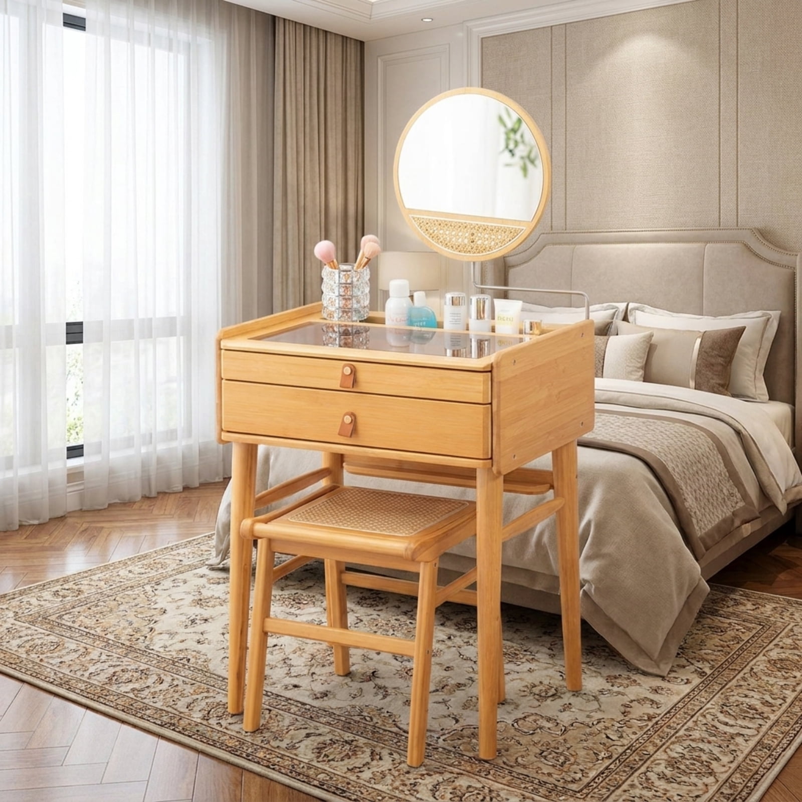 Furnibear Bamboo Makeup Vanity Table with Stool and 360-Degree Rotating Mirror for the Bedroom Makeup Room, Natural
