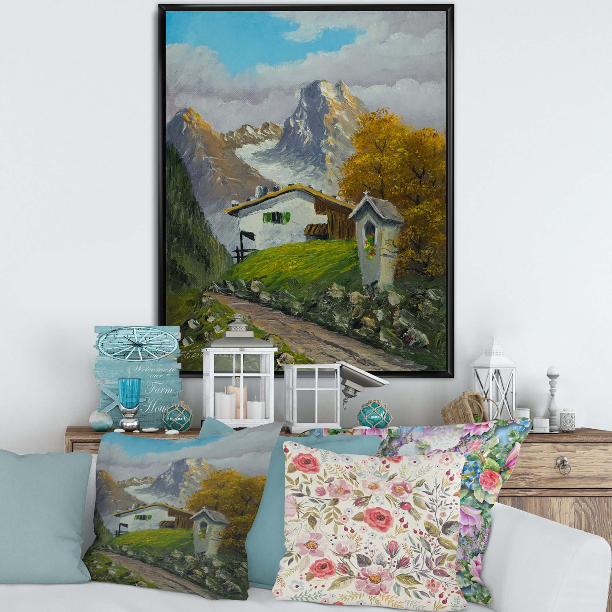 The Path Leading To A House Along Wayside Shrine 30 in x 40 in Framed Painting Canvas Art Print, by Designart