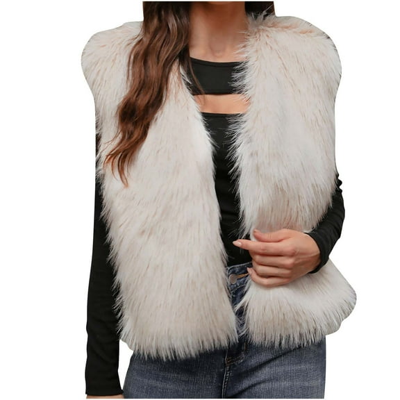 Cropped Faux Fur Vest Women Open Front Winter Cardigan Vests Soft Fall Waistcoat Jacket Outwear Beige, S