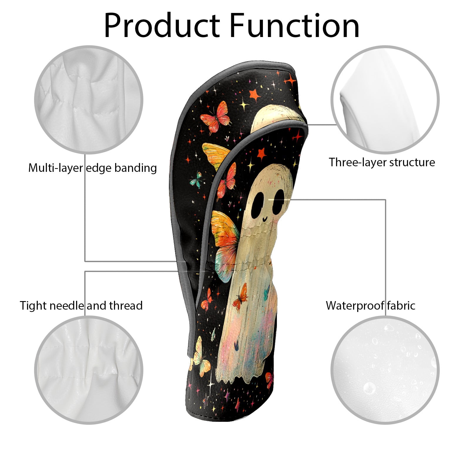 Golf Club Head Covers Colorful Ghost Butterfly for Driver and Fairway Woods, Premium PU Leather, Waterproof, Velvet Lining, Unisex Golf Gift