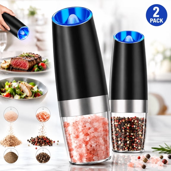 Automatic Salt and Pepper Grinder Set, Gravity-Activated Electric Grinders with Adjustable Coarseness, LED Light, and One-Handed Operation, Ideal for Spices,Battery Operated (Black,2Pack)