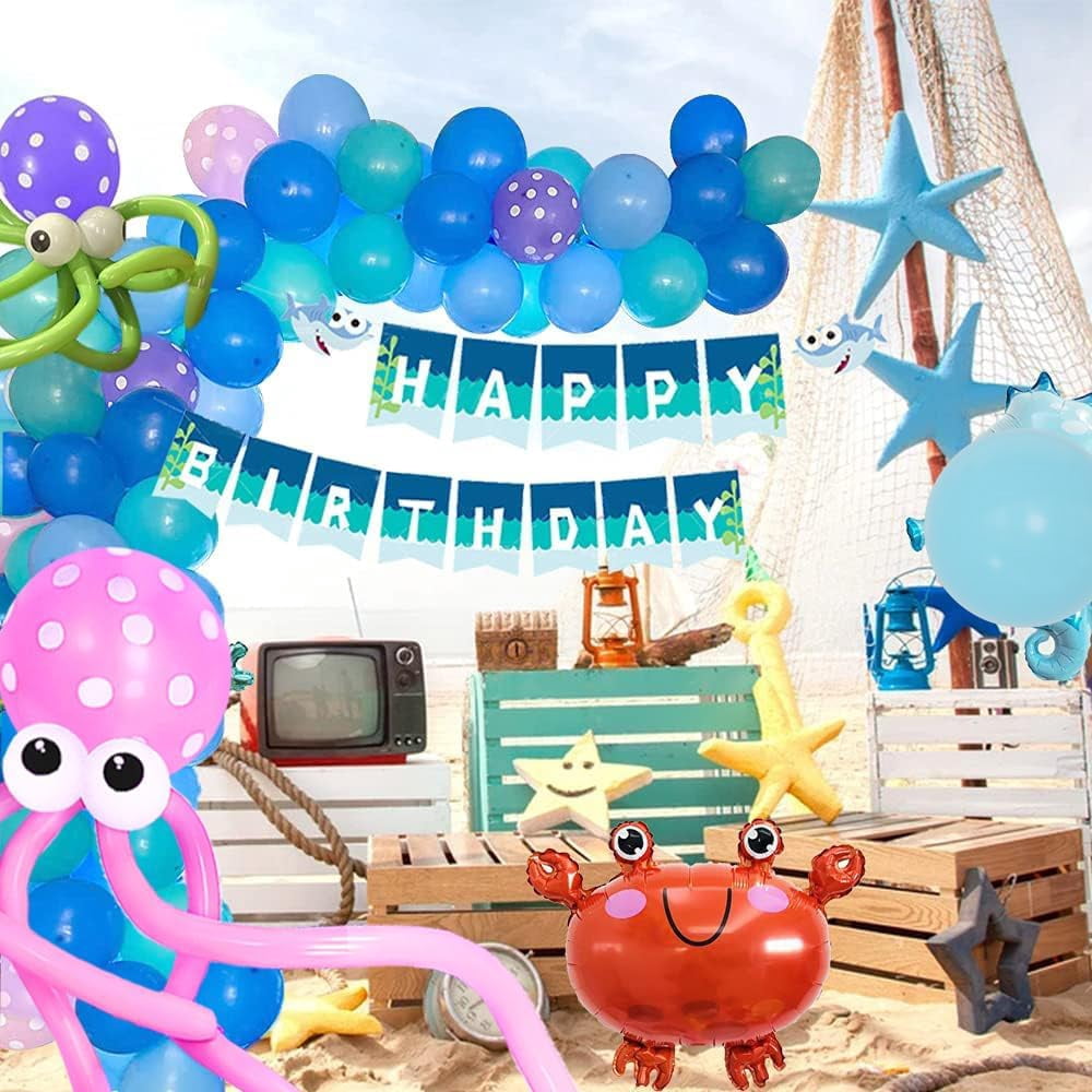 Under the Sea Party Decorations, Birthday Decorations for Kids Boys, Balloon Arch Kit with Happy Birthday Banner, Ocean Animals Balloons Party Decoration Supplies