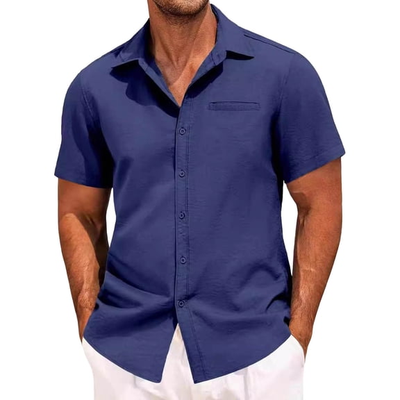 VSSSJ Shirts for Men Short Sleeve Casual Button Down Shirt Solid Color Lapel Collar Business Untucked Dress Shirts with Pocket Navy XXL