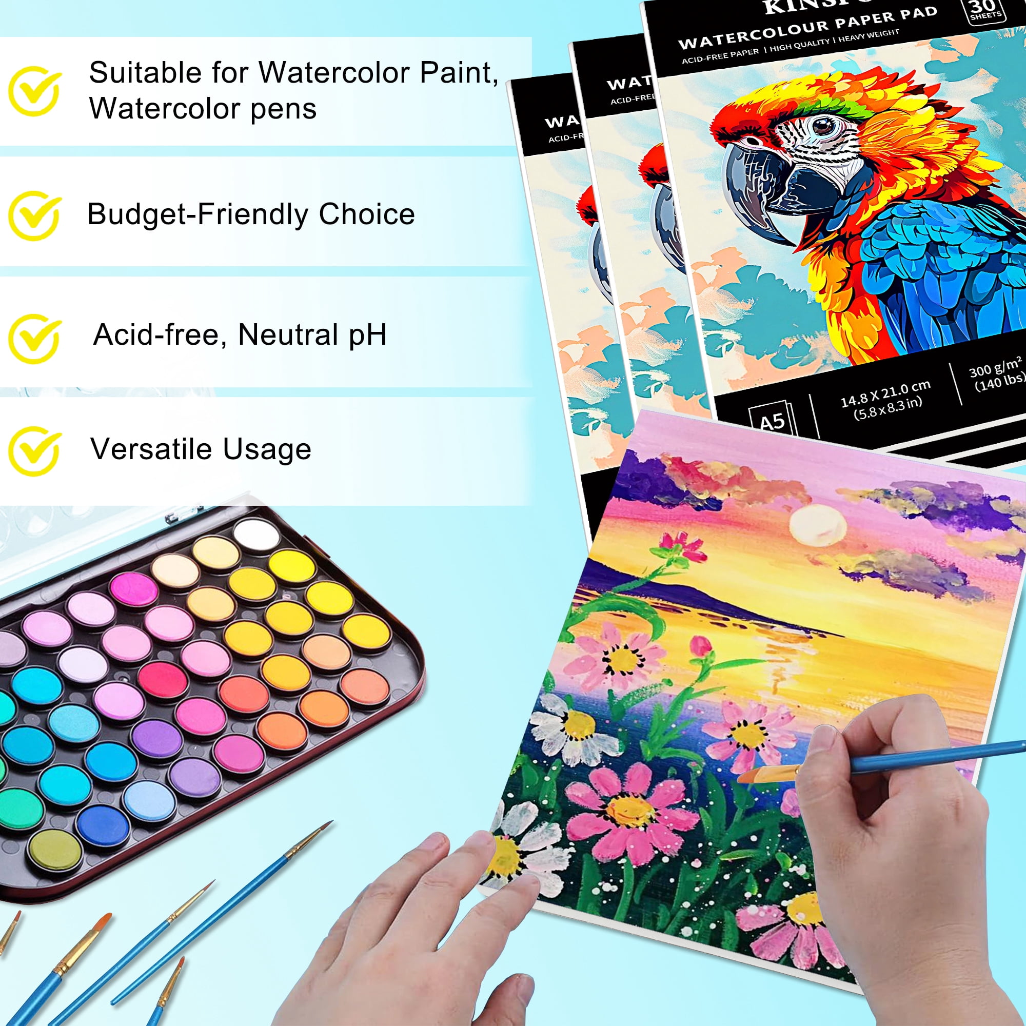 KINSPORY A5 Watercolor Paper Pad, 30 Sheets, 140lb/300gsm Artist Painting Paper, Sketchbook for Adults & Kids