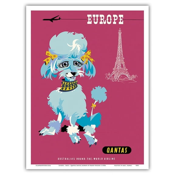 Europe - Paris - Qantas Empire Airways - Blue Poodle - Vintage Airline Travel Poster by Harry Rogers c.1950s - Master Art Print (Unframed) 9in x 12in