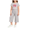 thumbnail image 2 of HOMBOM Girls Summer Outfits Heart Print Crew Neck Short Sleeve Top with Side Drawstring & Elastic Waist Capri Pants 2 Piece Casual Set Age 2-10Y,Gray,2-3 Years, 2 of 6