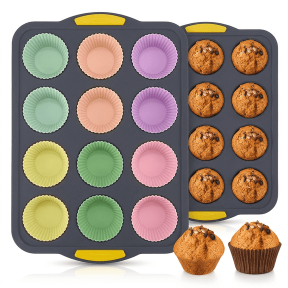JOWBOOW BPA-Free Steel-Reinforced Silicone Muffin Pan, 12-Cup, 12 Liners
