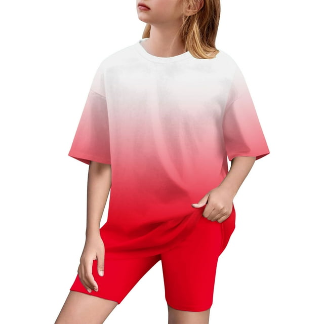 Plebaso Girls Clothes Summer Gradient Color 2 Piece Short Sleeve T-Shirts Biker Shorts Sets for Kids