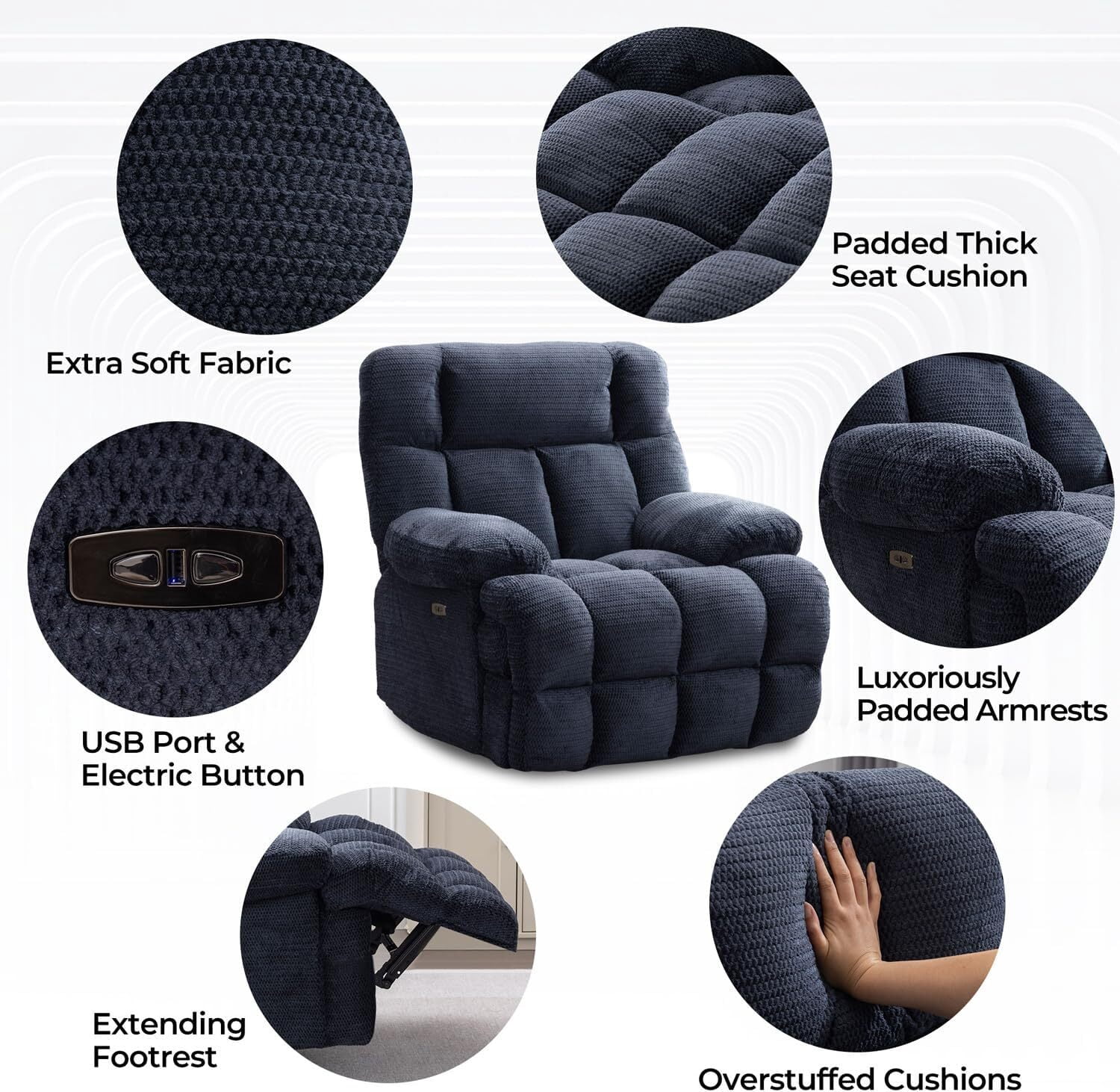 Oversized Power Zero Gravity Recliner Chair Extra Large Electric Reclining Chairs with USB Port 24" Seat Width, Blue