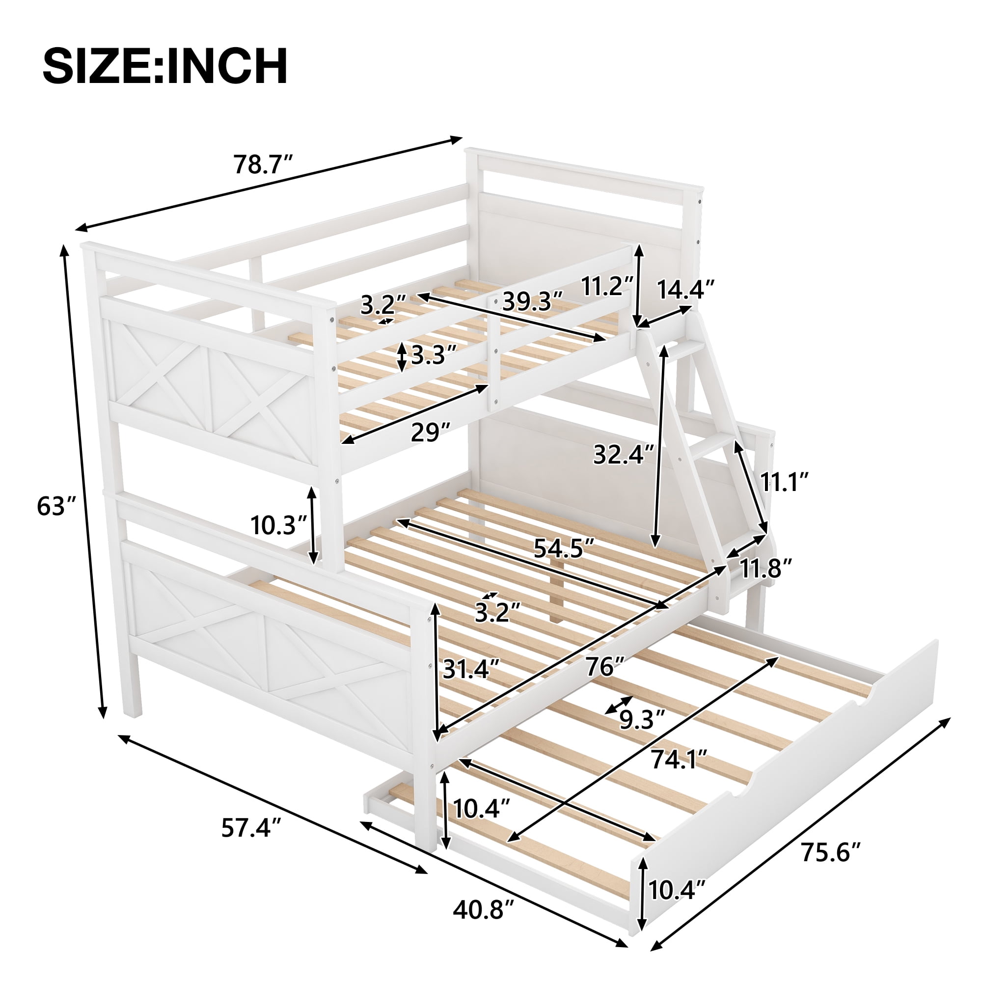 Euroco Wood Twin over Full Bunk Bed with Trundle for Kids Teens & Adults for Bedrooms, White