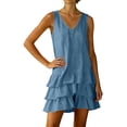 thumbnail image 7 of Women's Summer Cotton Linen Blend Solid Color Dress Sleeveless V-Neck Tiered Ruffle Hem Casual Mini Dress Blue XL(XL), 7 of 7
