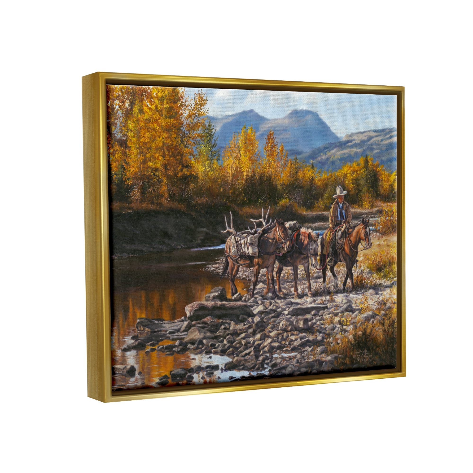 Stupell Industries Down From High Country Cowboy Animals & Insects Painting Gold Floater Framed Art Print Wall Art