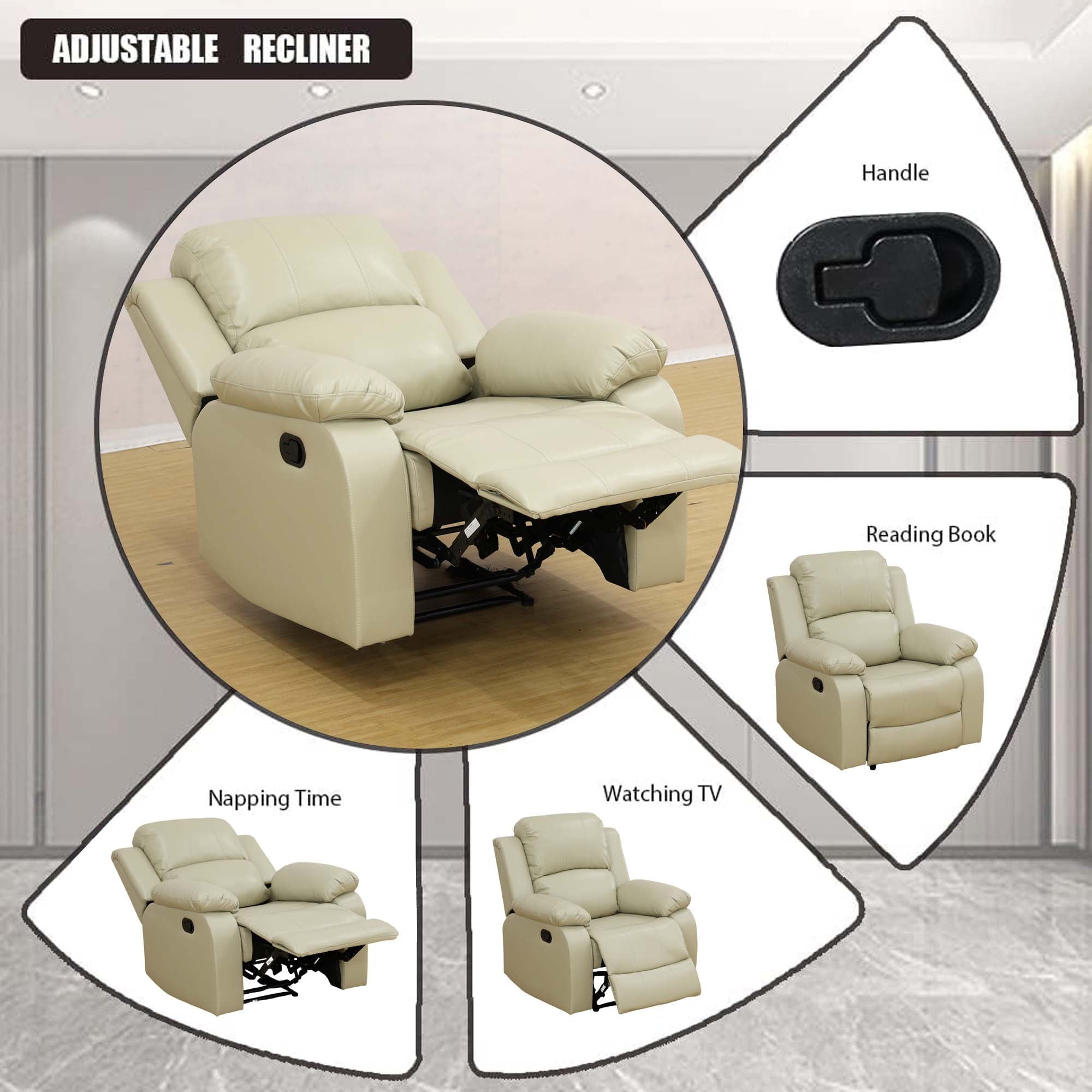 Aukfa Leather Recliner Chair Overstuffed Adjustable Armchair for Living Room Bedroom, Beige