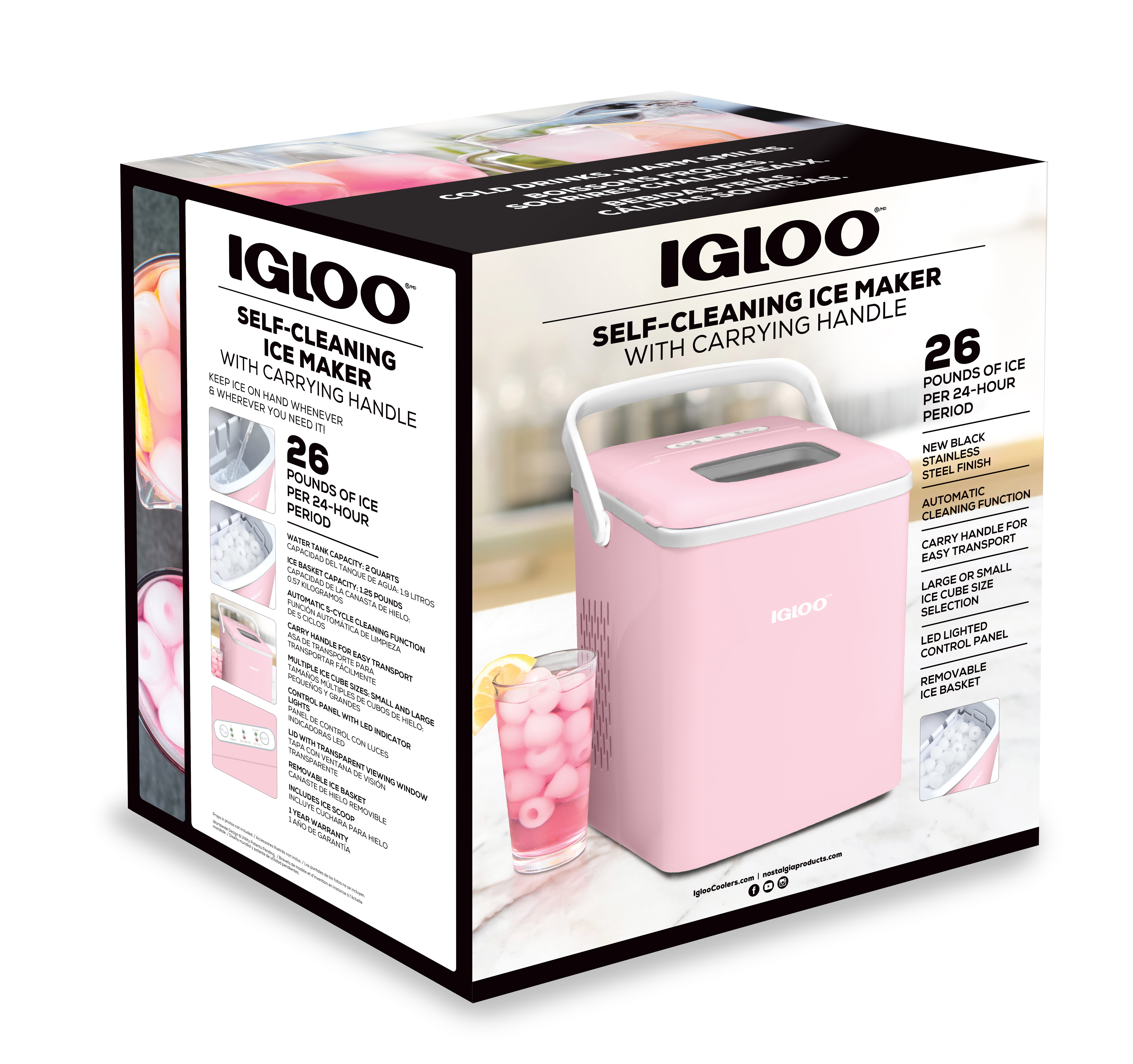 Igloo IGLICEB26HNPK 26-Pound Automatic Self-Cleaning Portable Countertop  Ice Maker Machine With Handle, Pink