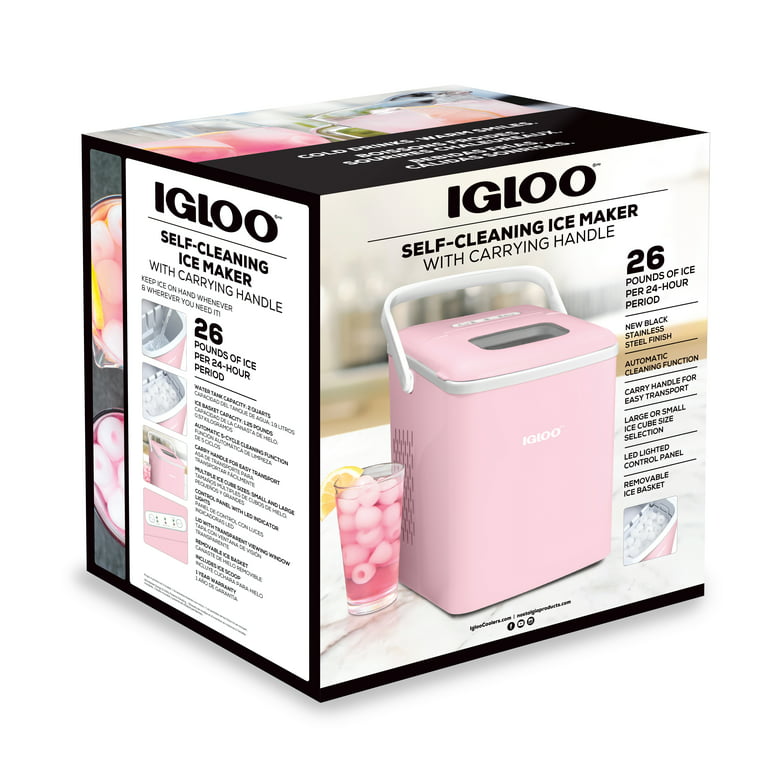 Igloo IGLICEB26HNPK 26-Pound Automatic Self-Cleaning Portable Countertop Ice  Maker Machine With Handle, Pink 