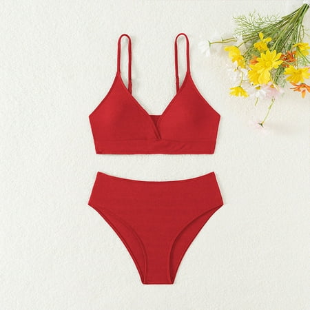 ylioge Swimsuits for Girls Two Piece Bikini Tops and Thongs Bathing Suits Teen Solid Color Beach Swimwear 8Years-15Years Kids on Clearance