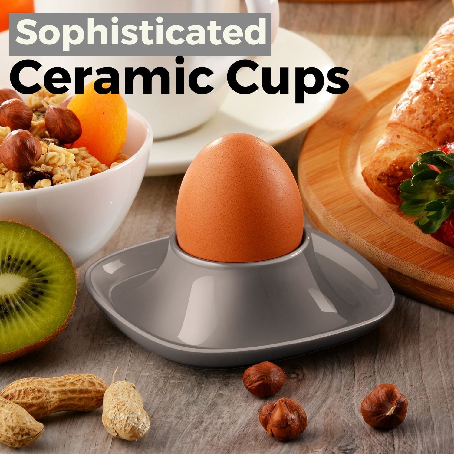 Ceramic Egg Cups Set of 6 Half Dozen Pack, Porcelain Hard Soft Boiled Egg Holder Keeper Container with Base, Stackable Serving Dish Plate Stand Serveware for Countertop Display Kitchen Home (Gray)