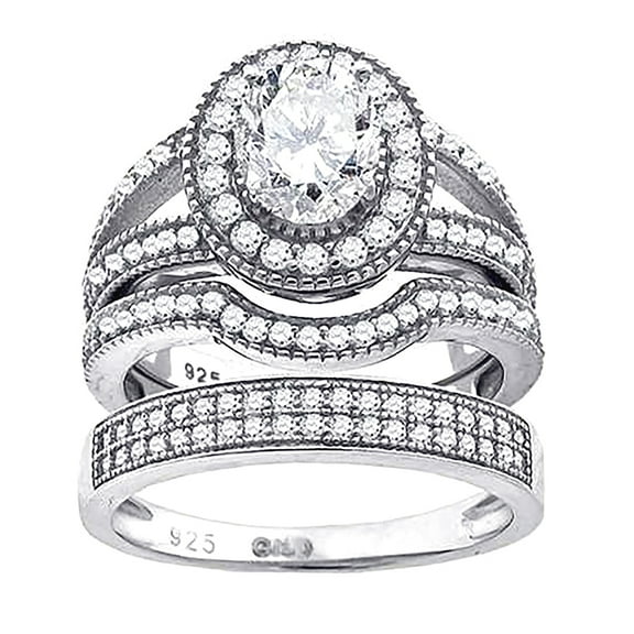 925 Sterling Silver His and Hers Cubic Zirconia Halo Trio Ring Set Size 6 Ring for Women - 7.3 Grams