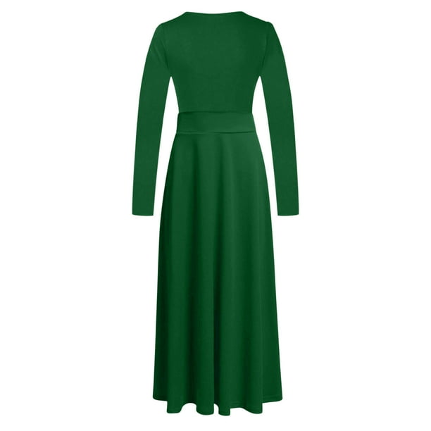 Hapimo Women's Maxi A Line Dress Solid Autumn Dresses Empire Waist Elegant Holiday Boho Long Sleeve Round Neck Vintage Green XXL
