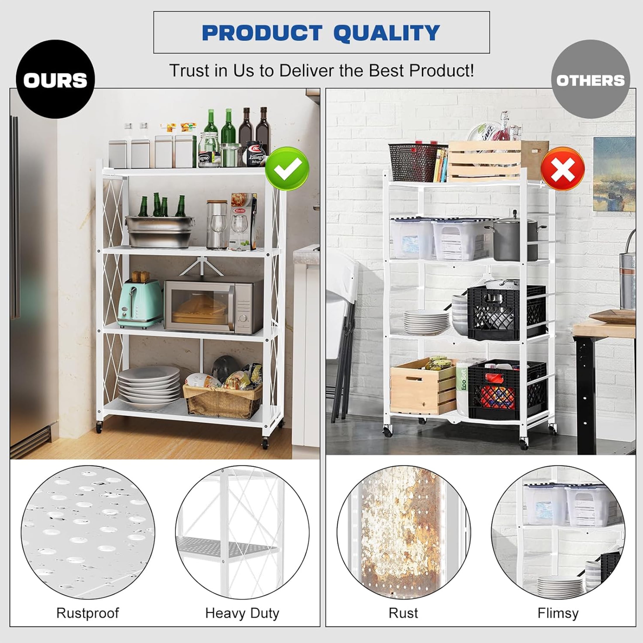 Lifetime Appliance Parts 4-Tier Foldable Storage Shelf with Wheels - Metal Collapsible Shelving Unit Display, Rolling Cart for Books Kitchen Storage Shelves, Pantry & Closet Organizer - WHITE