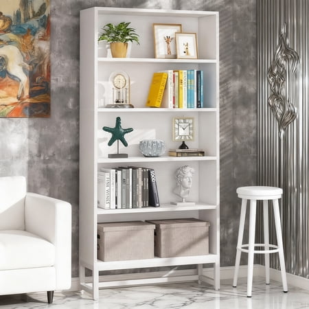 Tall White Bookcase 70.8” 5-Tier Heavy Duty Bookshelf Free-Standing Library Organizer with Back Panel for Living Room Bedroom Office