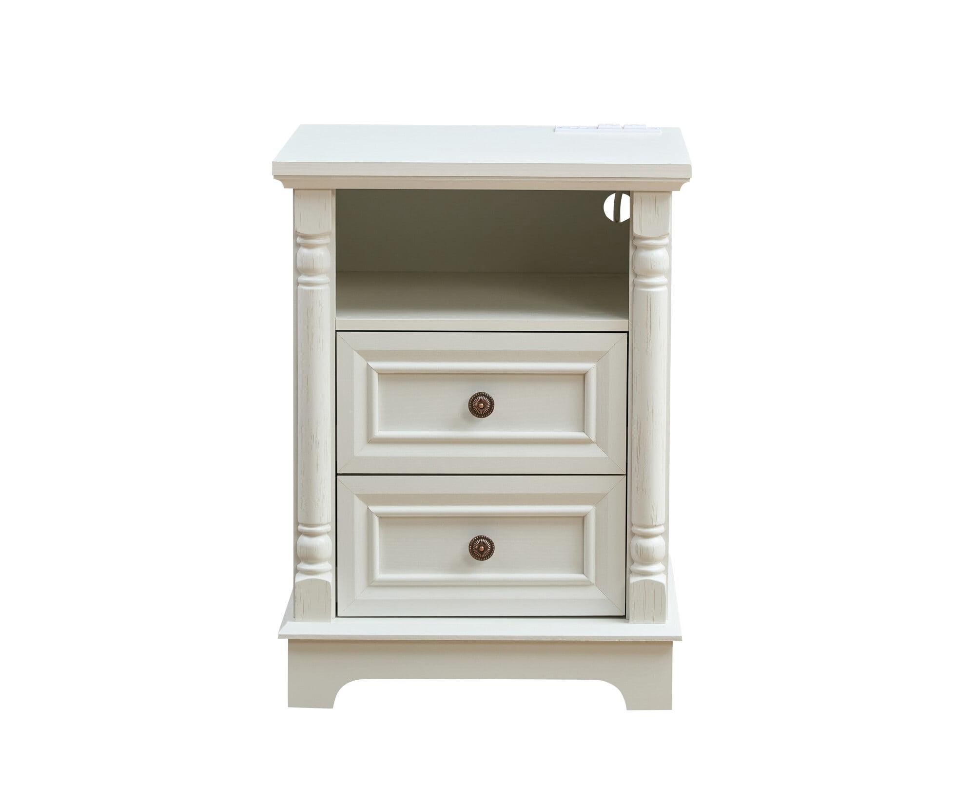 AENKYO Farmhouse 2-Drawer Nightstand with Charging Station, Rustic Wooden End Table for Bedroom & Living Room, White