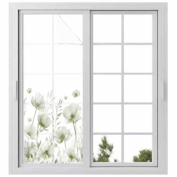 Sage Green Spring Floral Window Privacy Film, Summer Botanical Watercolor Vintage Static Cling UV Sun Blocking Heat Control Window Tint, Non-Adhesive One Way Windows Privacy Cover 29.5''x78.7''