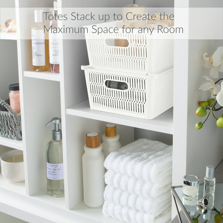 Simplify 4 Pack Slide 2 Stack It Small Plastic Storage Tote Baskets in  White 