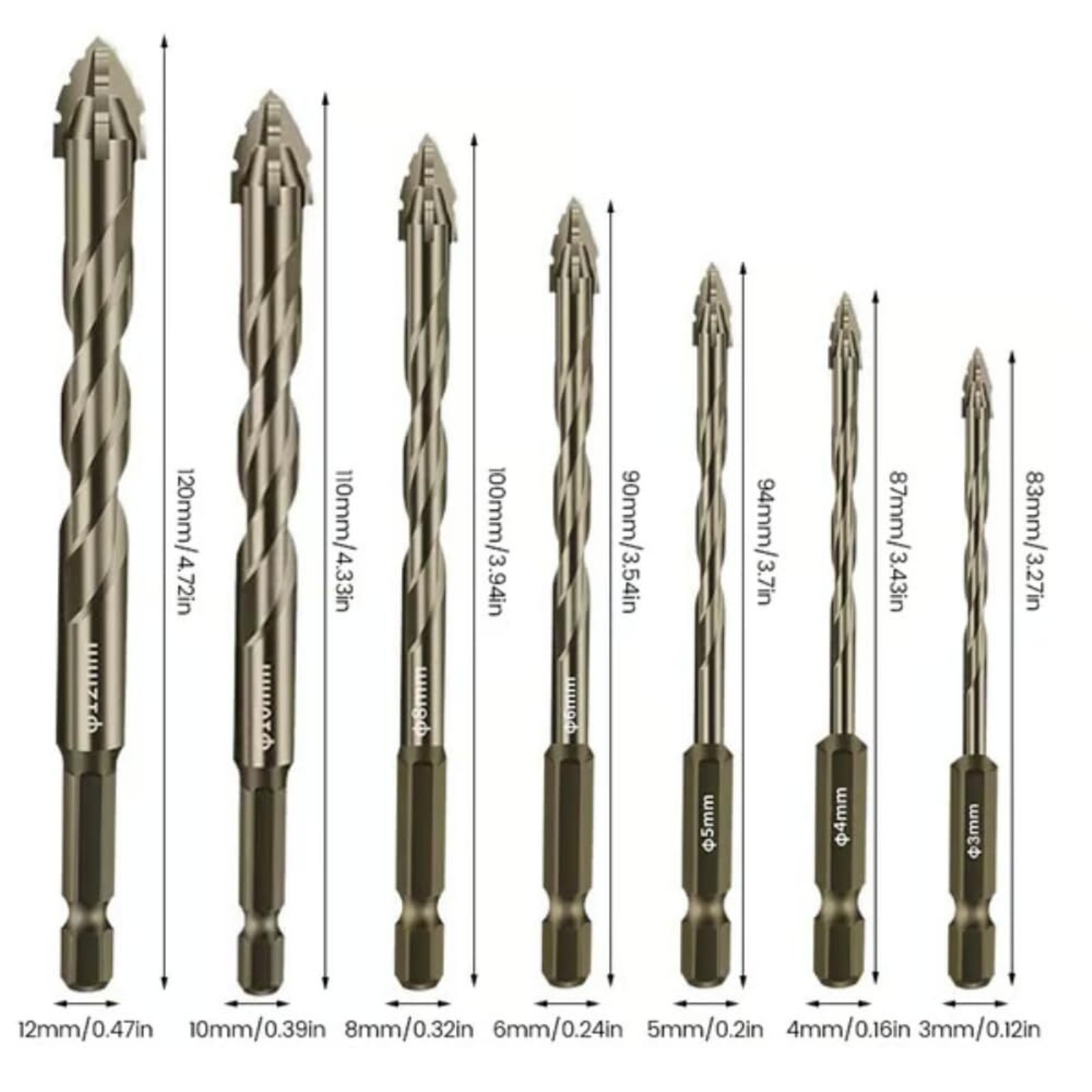 4-Blade Serrated Drill Bits Set for Wood, Glass, Concrete & Metal, 3,4,5,6,8,10,12mm Sizes