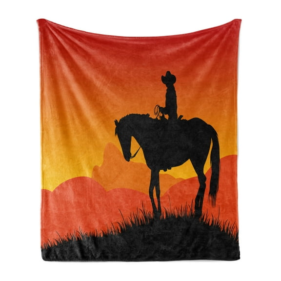 Silhouette Soft Flannel Fleece Throw Blanket, Lonely Cowboy at Hill on Horseback Heroic Sunset View Print, Cozy Plush for Indoor and Outdoor Use, 50" x 70", Black Vermilion, by Ambesonne