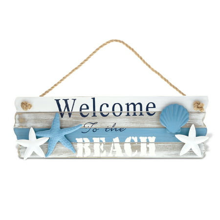 CoTa Global Nautical Aqua Sky ?Welcome to the Beach? Sign Intricate Art Wooden Coastal Beach Themed Wall D?cor Handcrafted Hand Painted Wood Home Accent Kitchen Decoration Unique Gift Souvenir