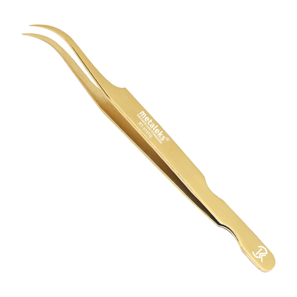 Metaleks 3Pcs Japanese Stainless Steel Tweezers for Eyelash Extension in Golden Titanium Coated with Golden Glitter Magnetic Kit