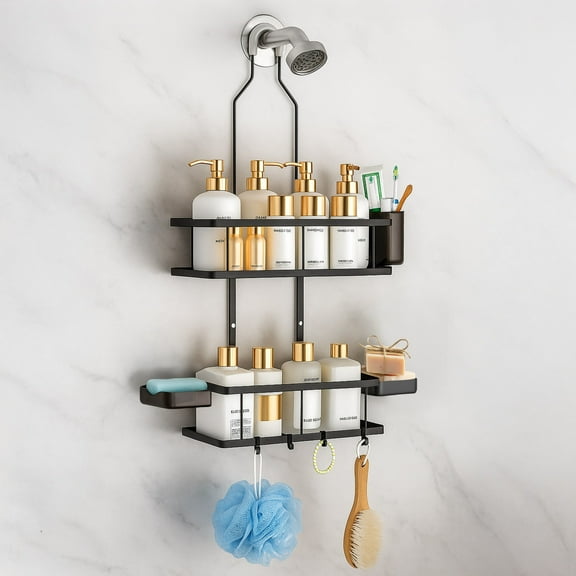 SBEN Hanging Shower Caddy (Black) – Rustproof, No-Drill Organizer with 2 Soap Dishes, Toothbrush Holder, 4 Hooks, Fits Over Showerhead.