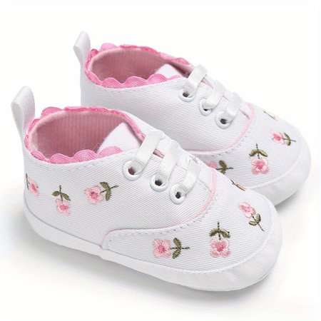 

Infant Baby Girls Canvas Shoes Soft-soled Anti-slip Booties With Embroidered Flowers Decor Crib Shoes First Walker Shoes