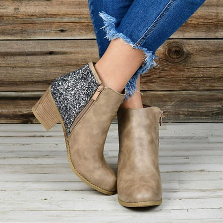 

Woman Winter Plus Size Leather Boots High Heeled Thick Heel Sequined Booties Ladies Short Boots